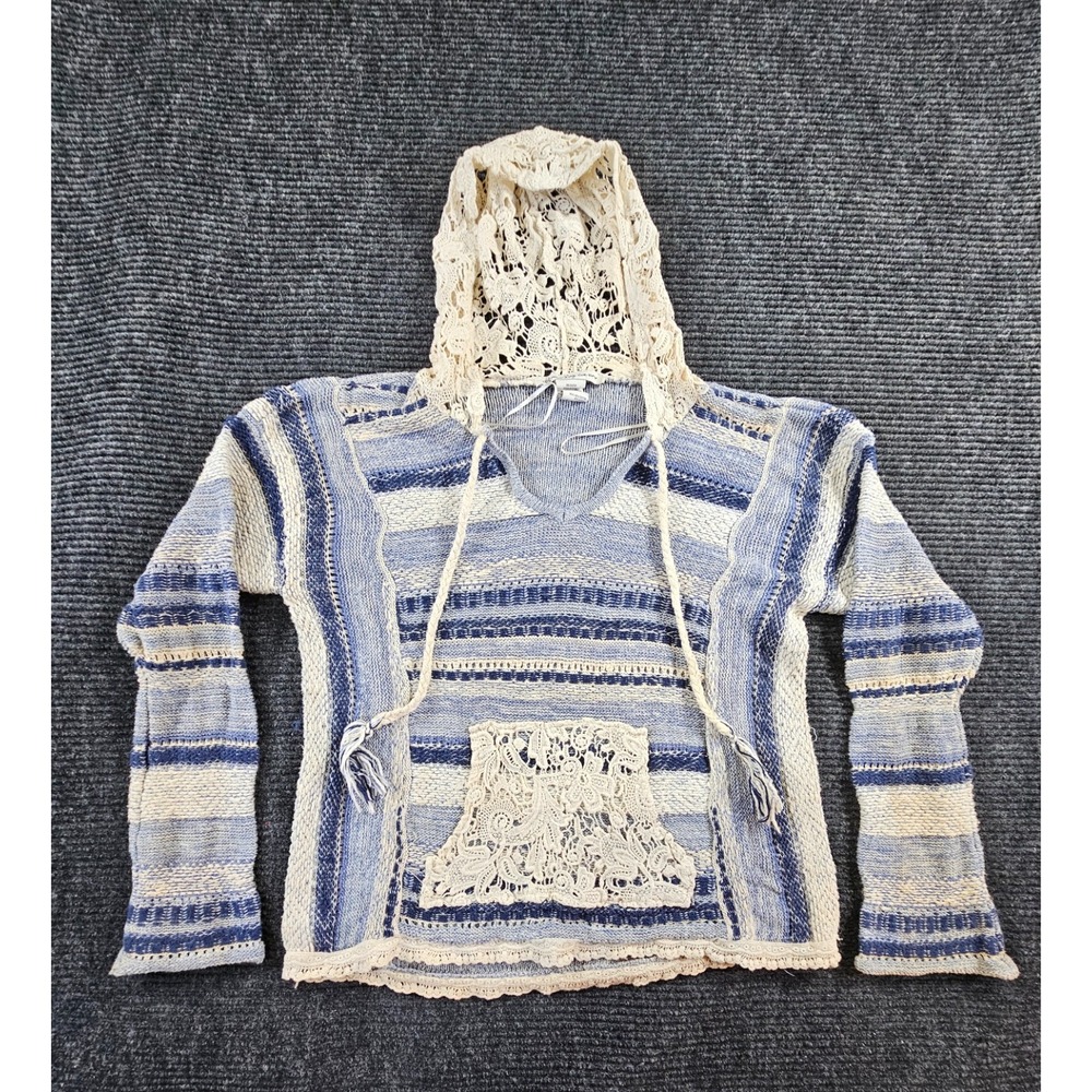 American Rag Cie Sweater Women Small Blue Beige Striped Knit Crochet Lace Hooded